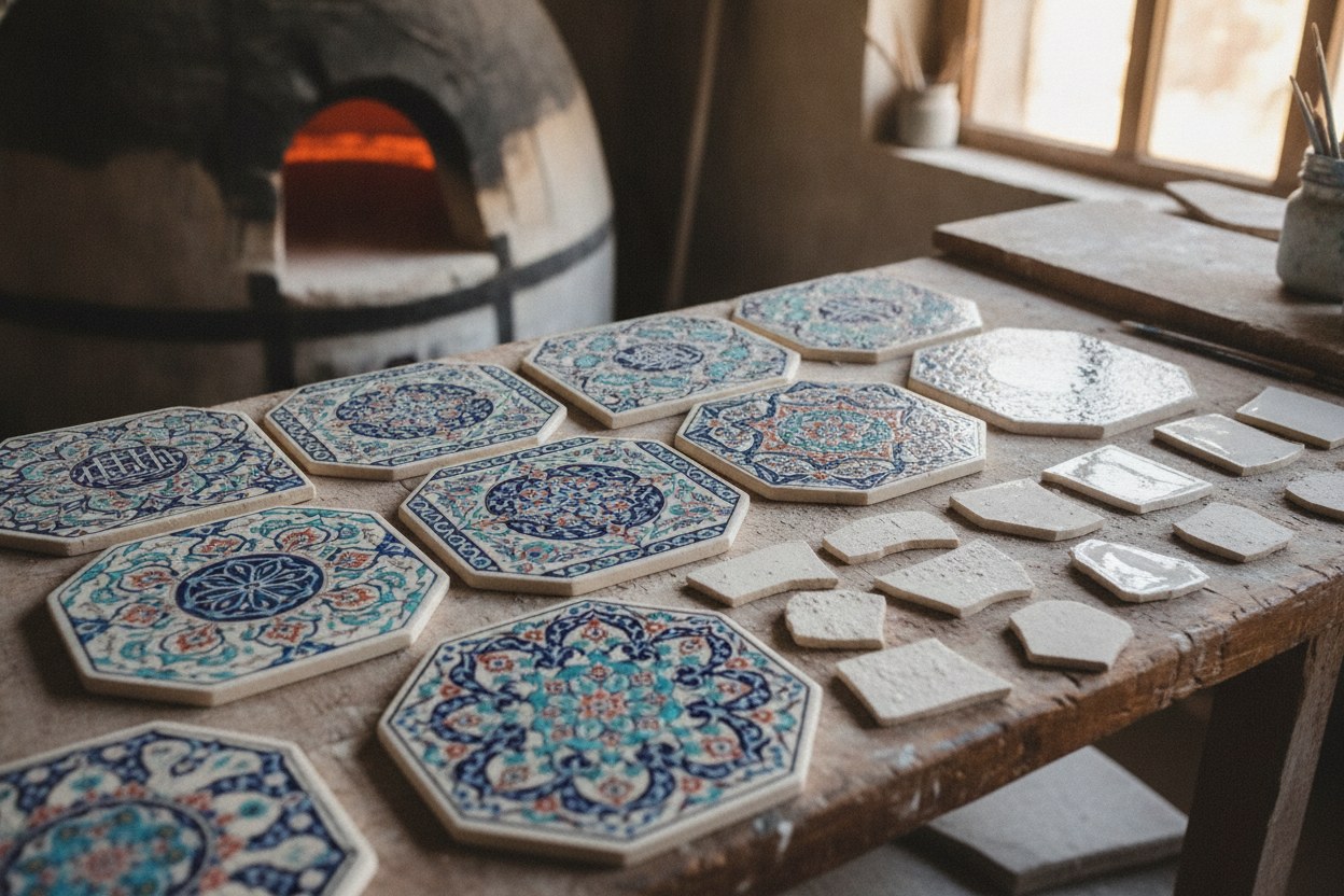 Renk numuneleri ve sır örnekleri atölye masasında, arkada fırın